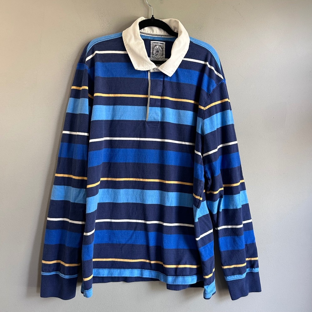 Lands End Mens XL Rugby Shirt Blue Striped Long Sleeve Cotton Polo 46-48